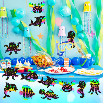 CY2SIDE Summer Ocean Animals Scratch Cards - 63PCS DIY Under The Sea Magic Art Color Scratch Card Craft Kit for Kids Dolphin Magic Rainbow Art for Kids Summer Birthday Party Favor School Activity