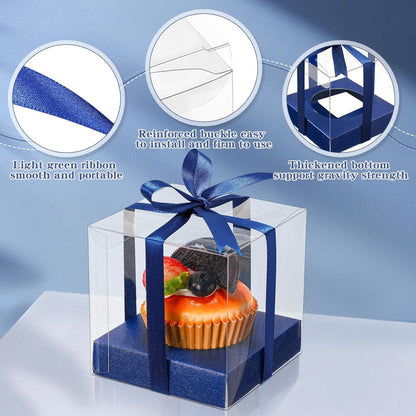 Thenshop 50 Pcs Clear Cupcake Boxes Individual 3.5 Inch Plastic Single Cupcake Containers Boxes with Inserts and Ribbon Individual Cake Storage Holders for Cake Kitchen(Dark Blue)