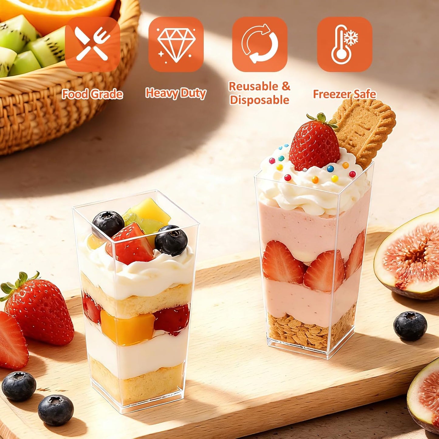 Eupako 3 oz Plastic Dessert Shooter Cups with Spoons - 100 Pack Mini Clear Slanted Appetizer Cup, Small Dessert Cup for Jello Shots, Parfait, Puddings, Mousse
