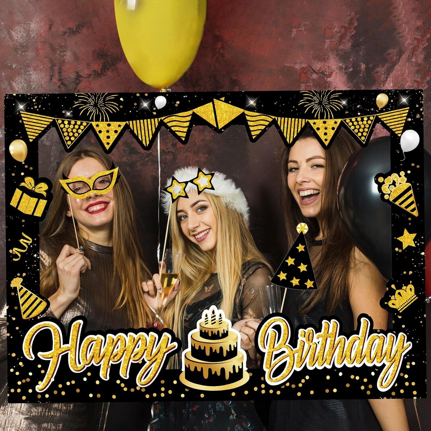 Turypaty Birthday Party Decorations for Boys & Girls - Black & Gold Photo Booth Props & Selfie Frame Set