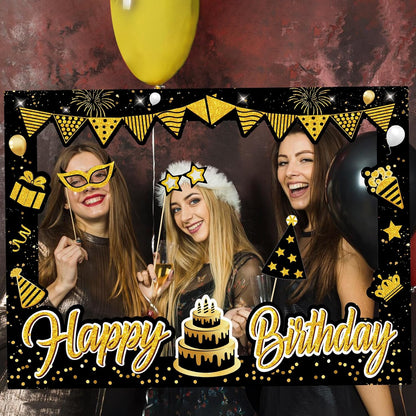 Turypaty Birthday Party Decorations for Boys & Girls - Black & Gold Photo Booth Props & Selfie Frame Set