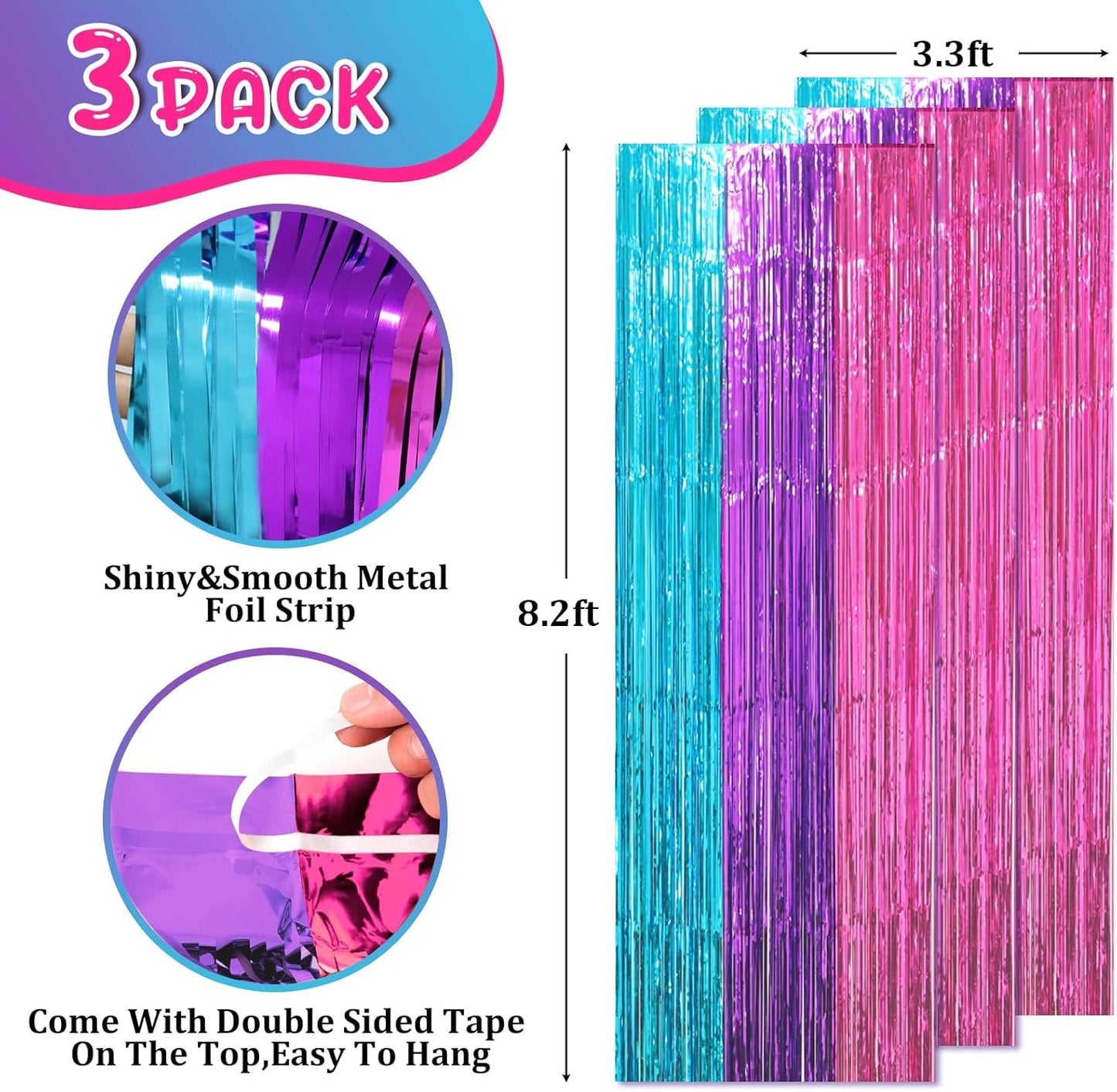 Voircoloria 3 Pack 3.3x8.2 Feet Gold Foil Fringe Backdrop Curtains, Tinsel Streamers, Fringe Backdrop for 2025 New Years Eve, Graduation, Birthday, Baby Shower, Gender Reveal, Disco Party - Colors B