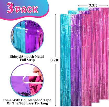 Voircoloria 3 Pack 3.3x8.2 Feet Gold Foil Fringe Backdrop Curtains, Tinsel Streamers, Fringe Backdrop for 2025 New Years Eve, Graduation, Birthday, Baby Shower, Gender Reveal, Disco Party - Colors B