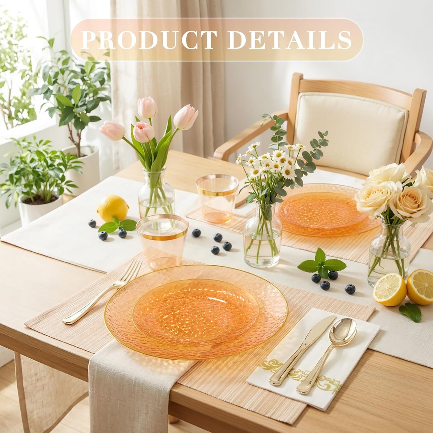 Rubtlamp 350 Pcs Clear Blue Plastic Plates, Blue Gold Plastic Dinnerware Set (50 Guests), Blue Disposable Plates With Gold Rim, Hammered Party Plates Set for Wedding And Party