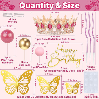 Crown Cake Topper, Balls Happy Birthday Cake Topper Pink Crown Birthday Candles Gold Butterflies, Corona Para Pastel, Cake Decorations for Birthday Wedding (Gold, Pink)