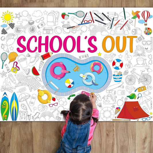 Naozinebi Kids End of School Year Giant Coloring Poster for Summer School's Out Large Coloring Tablecloth Jumbo Big Color Sheet Books Page for Classroom Wall Home Birthday Pool Beach Party Supplies