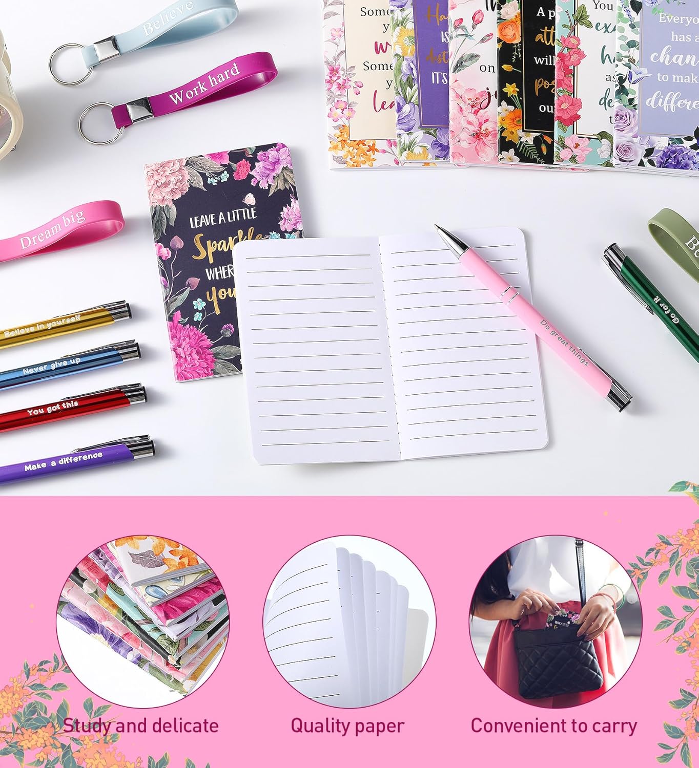 PerKoop 48 Pcs Inspirational Gifts Bulk Motivational Notepads Ballpoint Pens Keychains Set Modern Farmhouse Journal Notebooks Christian Gifts for Teachers School Office Party Favor Supplies