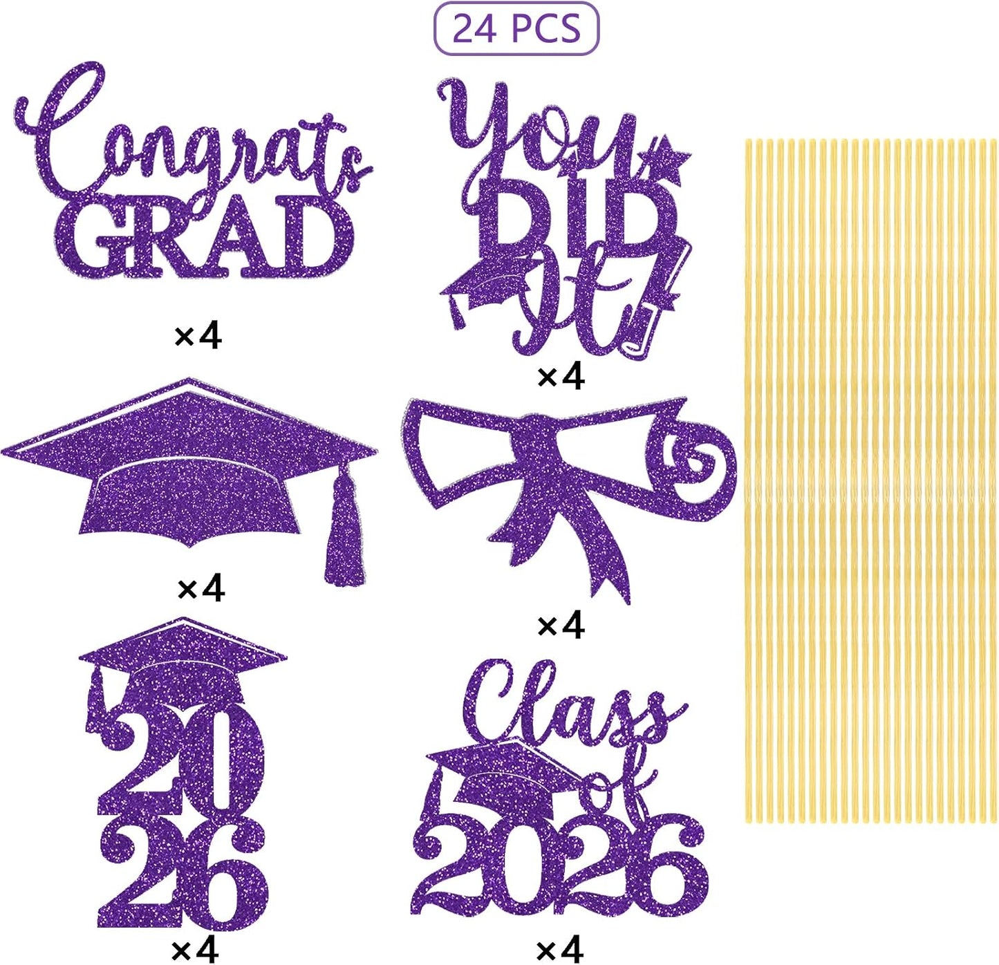 Graduation Centerpiece Sticks 24PCS Glitter Grad Picks Party Table Decor Senior High School College Sign Gold