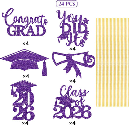 Graduation Centerpiece Sticks 24PCS Glitter Grad Picks Party Table Decor Senior High School College Sign Gold