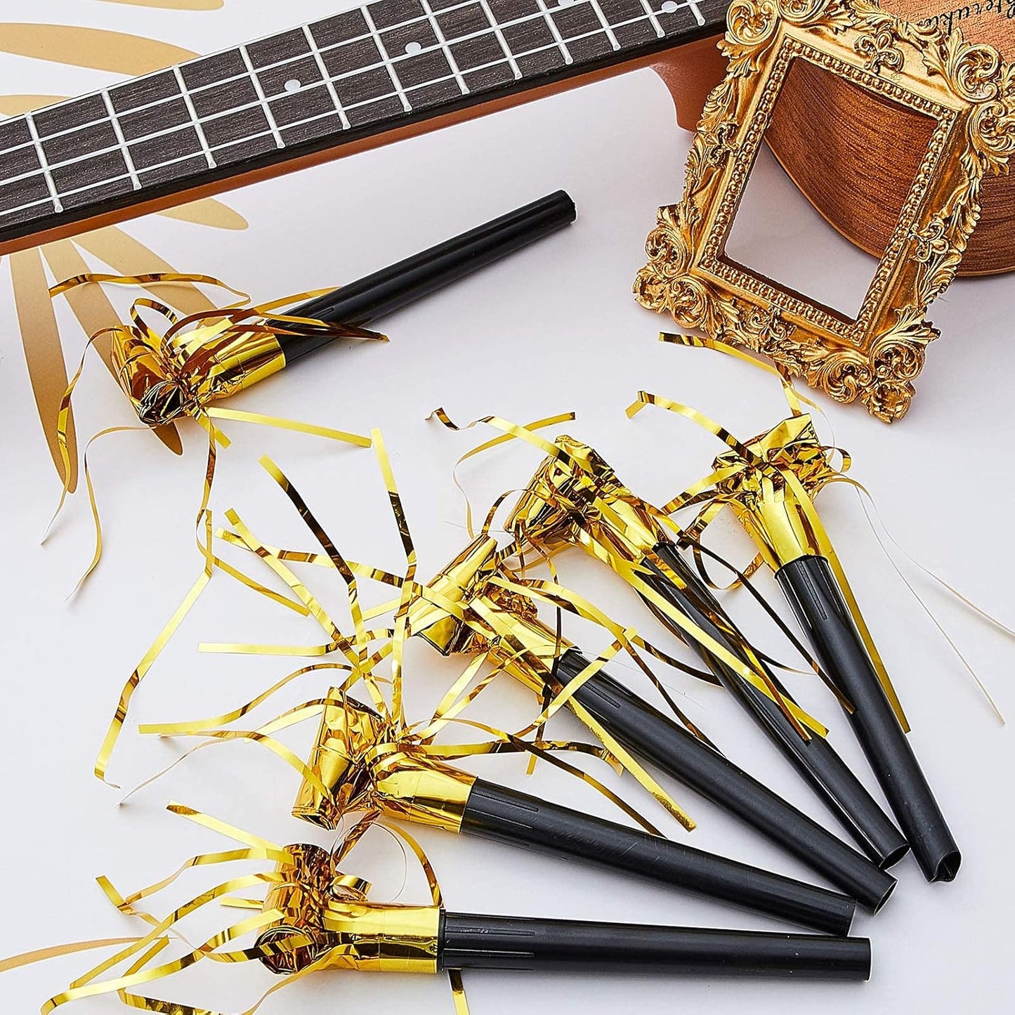 Skylety 18 Party Blower Noisemakers Glitter Birthday Noise Maker Squawkers Blowouts Whistles Fringed for Sport Events Musical Blowouts for Wedding 2026 Grad Party Supplies (Gold)