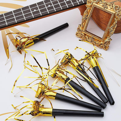 Skylety 18 Party Blower Noisemakers Glitter Birthday Noise Maker Squawkers Blowouts Whistles Fringed for Sport Events Musical Blowouts for Wedding 2026 Grad Party Supplies (Gold)