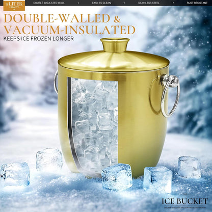 Ice Buckets for Parties with Lid,Tongs and Strainer (3L/Silver) Double Wall Stainless Steel Ice Bucket Keeps Frozen Longer,Ideal Perfect for Parties, Cocktail bar, Chilling Wine, Champagne