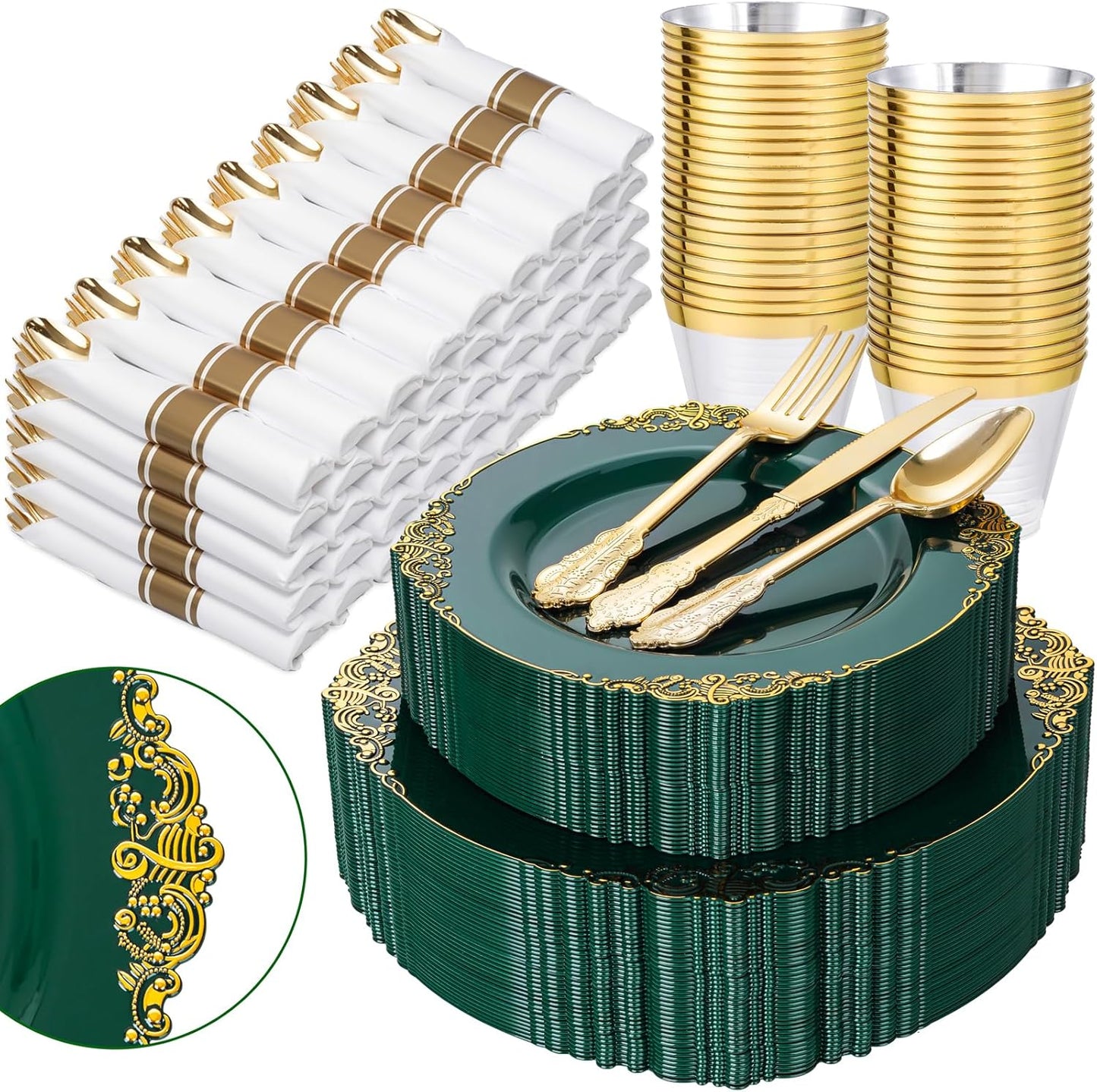 Nervure 350PCS Gold Plastic Plates - Gold Plastic Dinnerware Sets for 50 Guests - 100 Disposable Plates, 150 Silverware, 50 Cups, 50 Napkins for Wedding & Party & Mothers Day