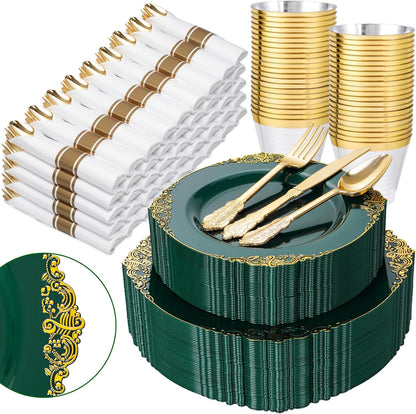Nervure 350PCS Gold Plastic Plates - Gold Plastic Dinnerware Sets for 50 Guests - 100 Disposable Plates, 150 Silverware, 50 Cups, 50 Napkins for Wedding & Party & Mothers Day
