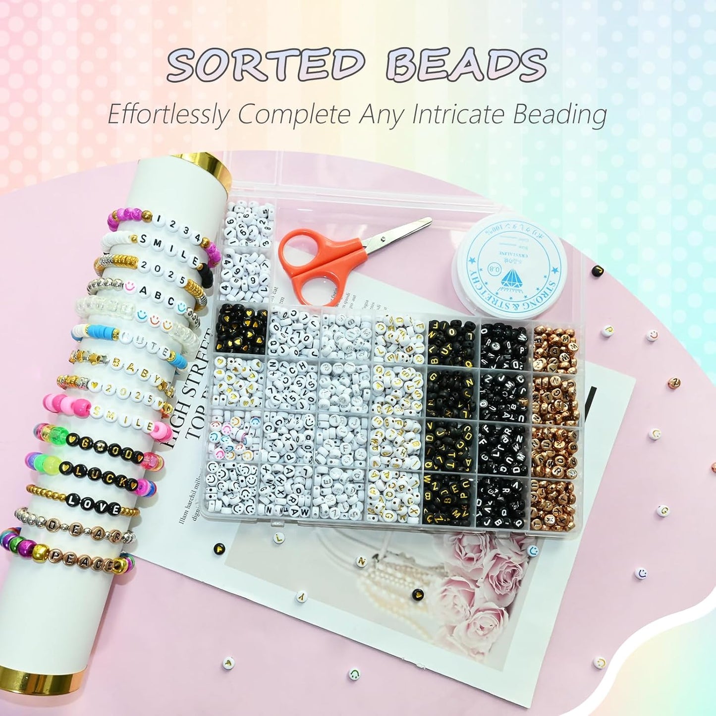 Amaney 1400pcs Glow Letter Beads, Heart Beads Whit Elastic Beading Cord,4x7mm Round Acrylic Alphabet Beads for Friend Bracelet Jewelry Making
