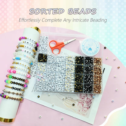 Amaney 1400pcs Glow Letter Beads, Heart Beads Whit Elastic Beading Cord,4x7mm Round Acrylic Alphabet Beads for Friend Bracelet Jewelry Making