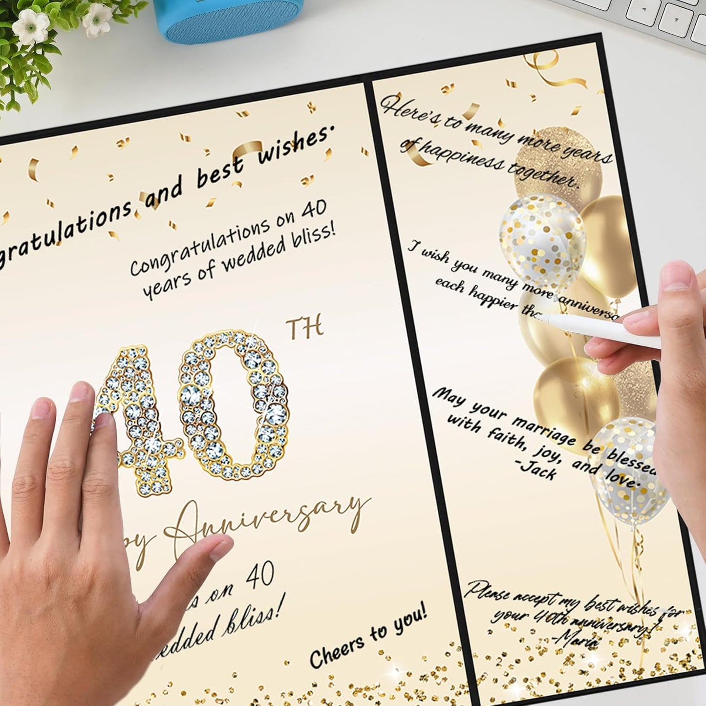 DARUNAXY Black Gold Happy Anniversary Party Decorations, Happy Anniversary Alternative Signature Guest Book Wedding 1st 10th 40th 50th Anniversary Signing Card Board Party Supplies