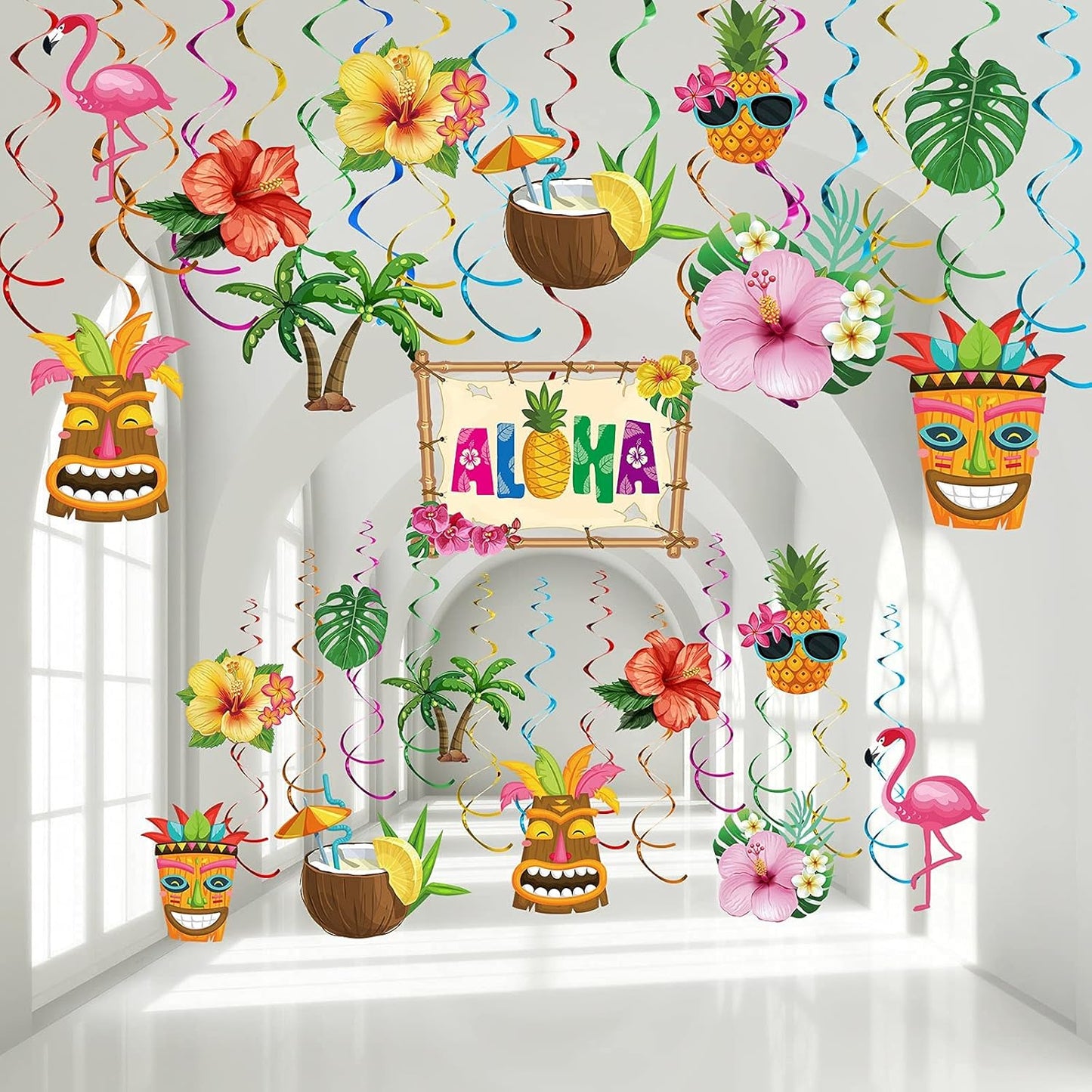 Outus 30 Pieces Hawaiian Luau Birthday Party Hanging Swirl Decorations, Flower Tropical Palm Flamingo Sign Foil Ceiling Decor for Floral Tropical Party Summer Beach Pool Tiki Supplies(Summer)