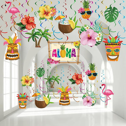 Outus 30 Pieces Hawaiian Luau Birthday Party Hanging Swirl Decorations, Flower Tropical Palm Flamingo Sign Foil Ceiling Decor for Floral Tropical Party Summer Beach Pool Tiki Supplies(Summer)