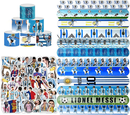 Soccer Star Champion Party Set – 24pcs Slap Bracelets & 50pcs Stickers, Football Legend Theme Party Favors for Birthday Gifts and Party Supply Favor