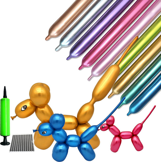 LXZFCRG 100pcs 260 Long Balloons Kit with Pump, Shiny Metallic Latex Twisting Balloon for Balloon Animals, Magic Balloons for Birthdays Wedding Party Decorations Multicolor