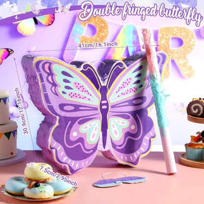 Pasimy 51 Pcs Butterfly Piñata Set Butterfly Birthday Party Supplies Piñata with Stick Blindfold Sticker Hairpin Ring Slap Bracelet Keychain Party Favors for Family Game Decoration(Pink)
