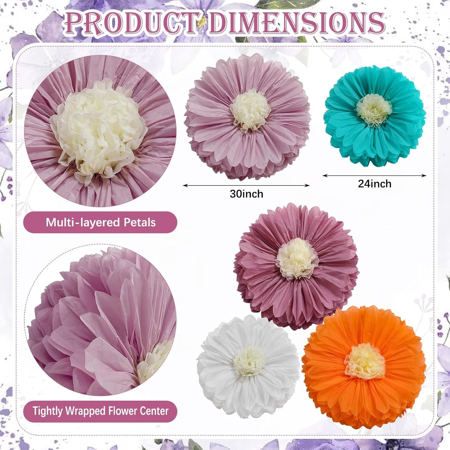 Chunful 5 Pcs 30'' 24'' Gaint Pastel Tissue Paper Flowers Decoration Large Hanging Tissue Paper Pom Poms Decor for Pastel Birthday Bachelorette Wedding Baby Shower Bridal Shower Easter Party Decor