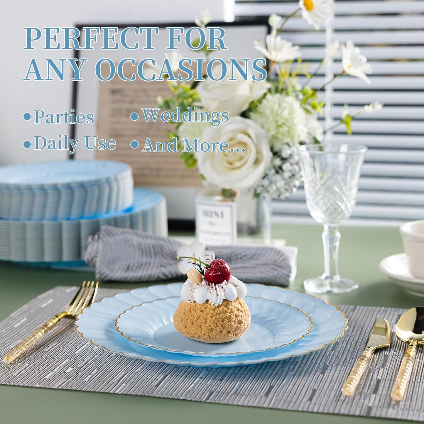 Lullaby 60PCS Ivory Scalloped Plastic Plates with Gold Rim, Disposable Elegant Plates Include 30pcs Dinner Plate 10.25", 30pcs Plastic Dessert Plate 7.5", Perfect for Wedding and Party
