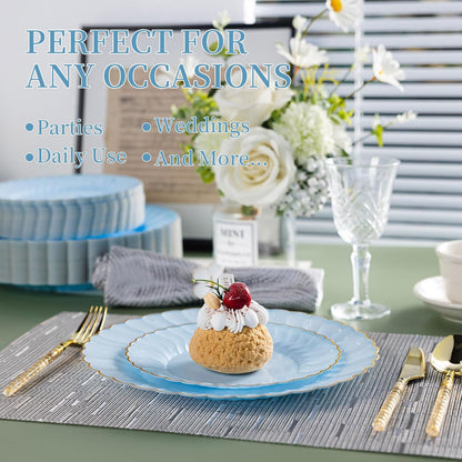 Lullaby 60PCS Ivory Scalloped Plastic Plates with Gold Rim, Disposable Elegant Plates Include 30pcs Dinner Plate 10.25", 30pcs Plastic Dessert Plate 7.5", Perfect for Wedding and Party