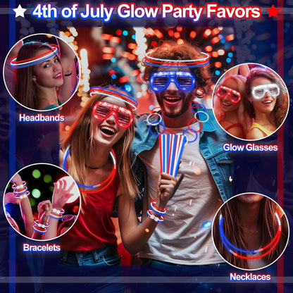 TURNMEON 248 Pcs 250th Anniversary 4th of July Light Up Party Favors, 24 Red White Blue Glasses 200 Patriotic Glow Sticks Bulk with Connectors Glow in the Dark Party Supplies Independence Day Decor