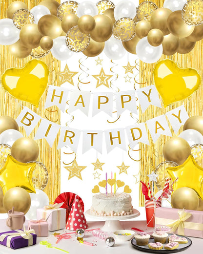 Lutoys Rose Gold Happy Birthday Party Decorations, Happy Birthday Banner, Rose Gold Foil Heart Star Confetti Balloons Curtain Backdrop Hanging Swirls Party Decor for Girls Women Princess