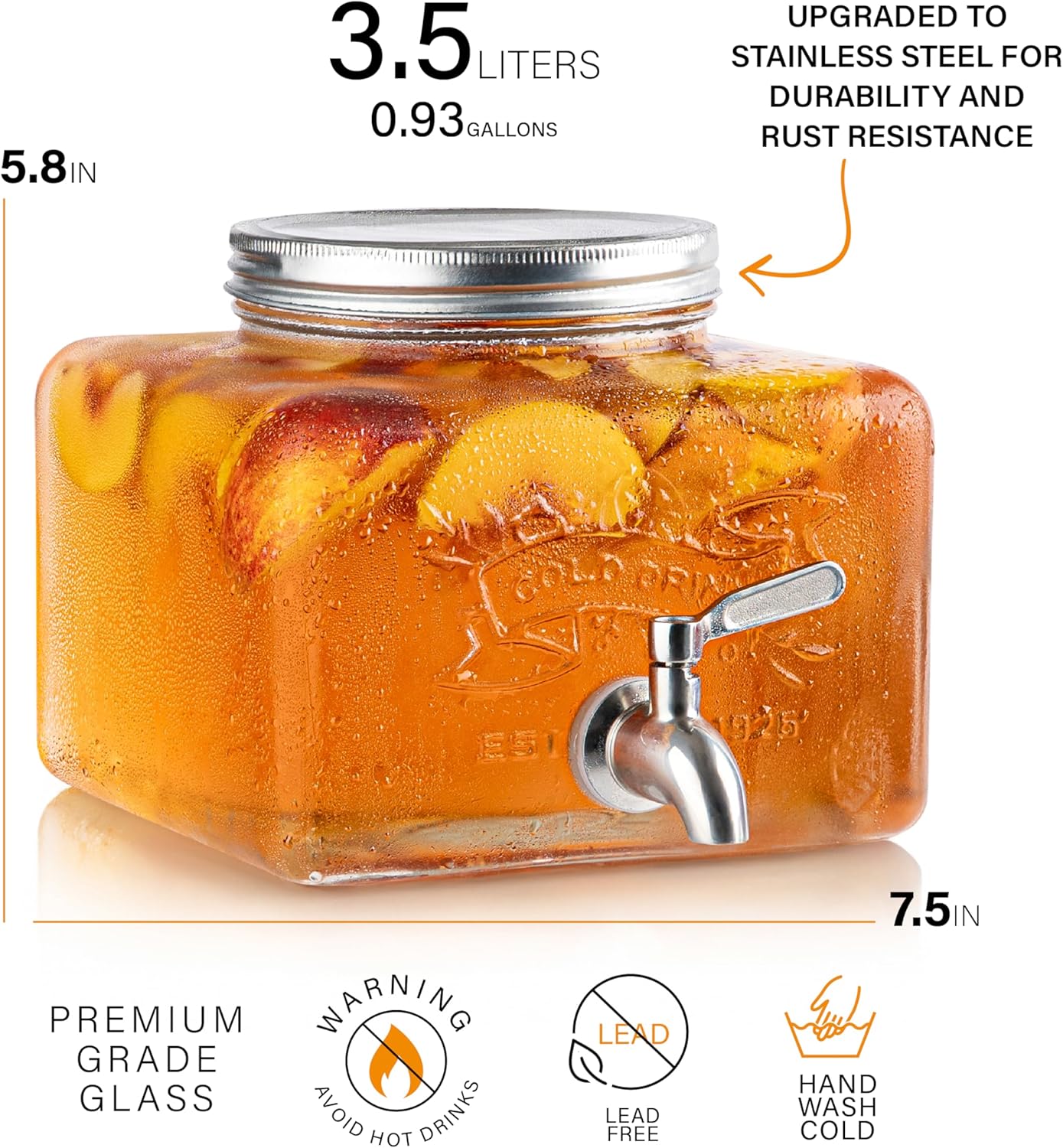 Glass Drink Dispenser for Fridge - Stainless Steel Spigot Mason Jar Dispenser with Wide Opening & Easy-Fill - Beverage Storage for Outdoor, Water, Iced Tea, Juice, Sangria & Detergent, 1 GALLON