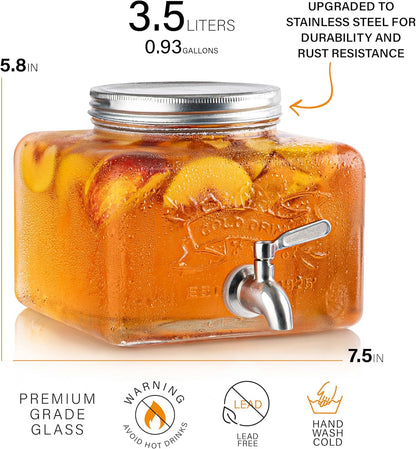 Glass Drink Dispenser for Fridge - Stainless Steel Spigot Mason Jar Dispenser with Wide Opening & Easy-Fill - Beverage Storage for Outdoor, Water, Iced Tea, Juice, Sangria & Detergent, 1 GALLON