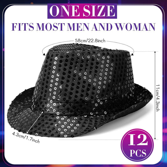 Janmercy 12 Pieces Western Sequin Hat Glitter Solid Color Dance Hat Retro Disco Unisex Costume Cap for Party Props Supplies