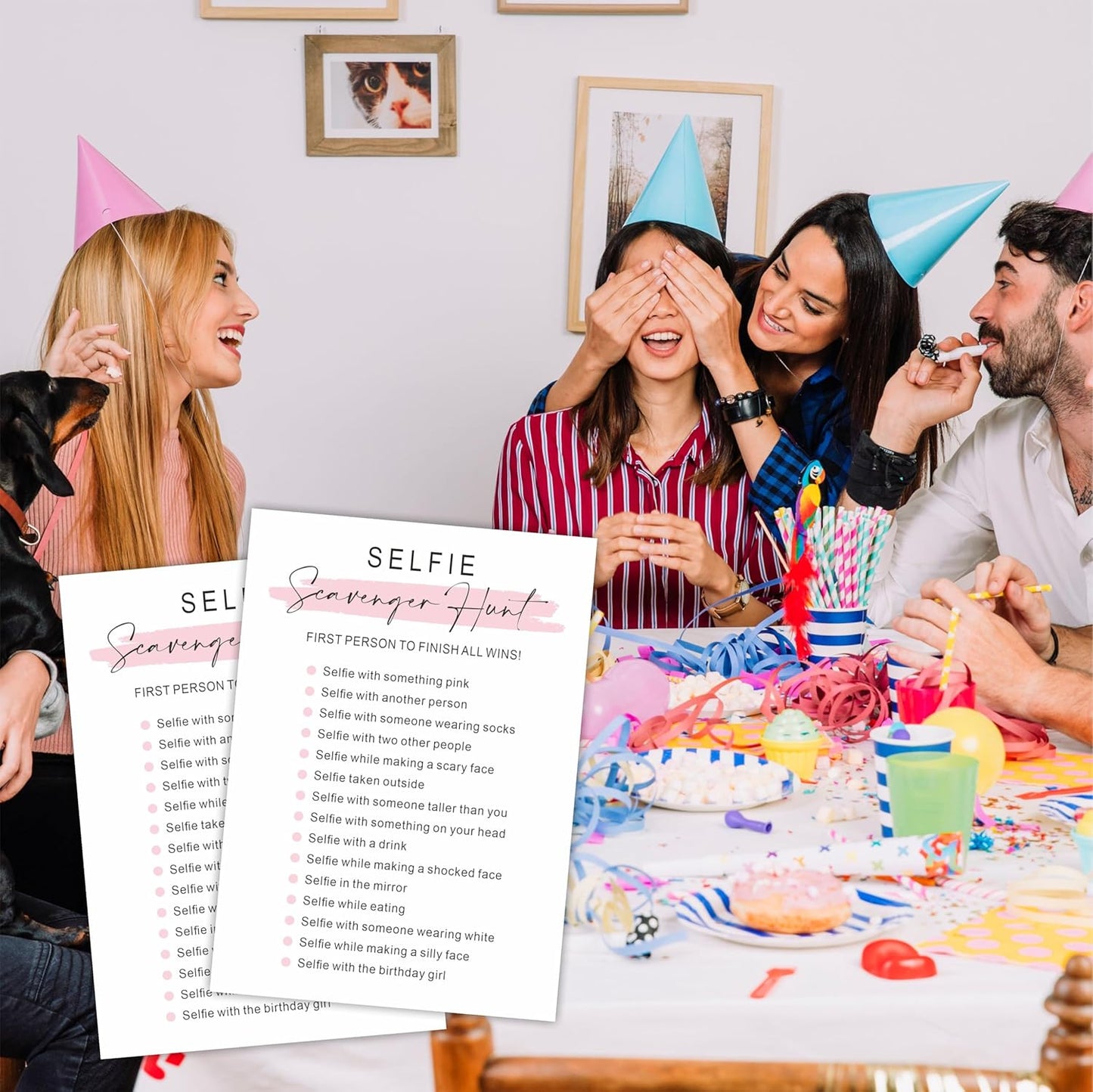 DYIRBIIY Minimalism Birthday Party Game Cards - Selfie Scavenger Hunt - 20 Blush Double-Sided Fill in Style Funny Birthday Party Game Cards for Adults, Party Supplies & Activities - A02