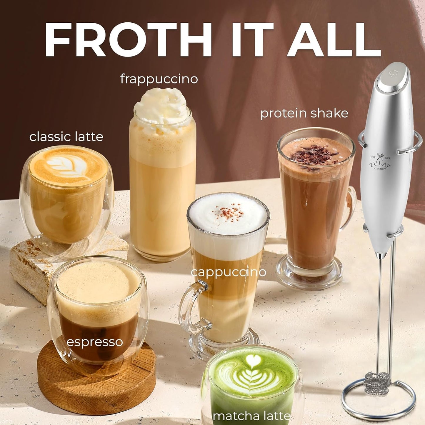 Zulay Kitchen Powerful Milk Frother Wand With Duracell Batteries - Ultra Fast Handheld Drink Mixer - Electric Whisk Foam Maker for Coffee, Lattes, Cappuccino & Matcha - Z1 Motor - Black - Colors C