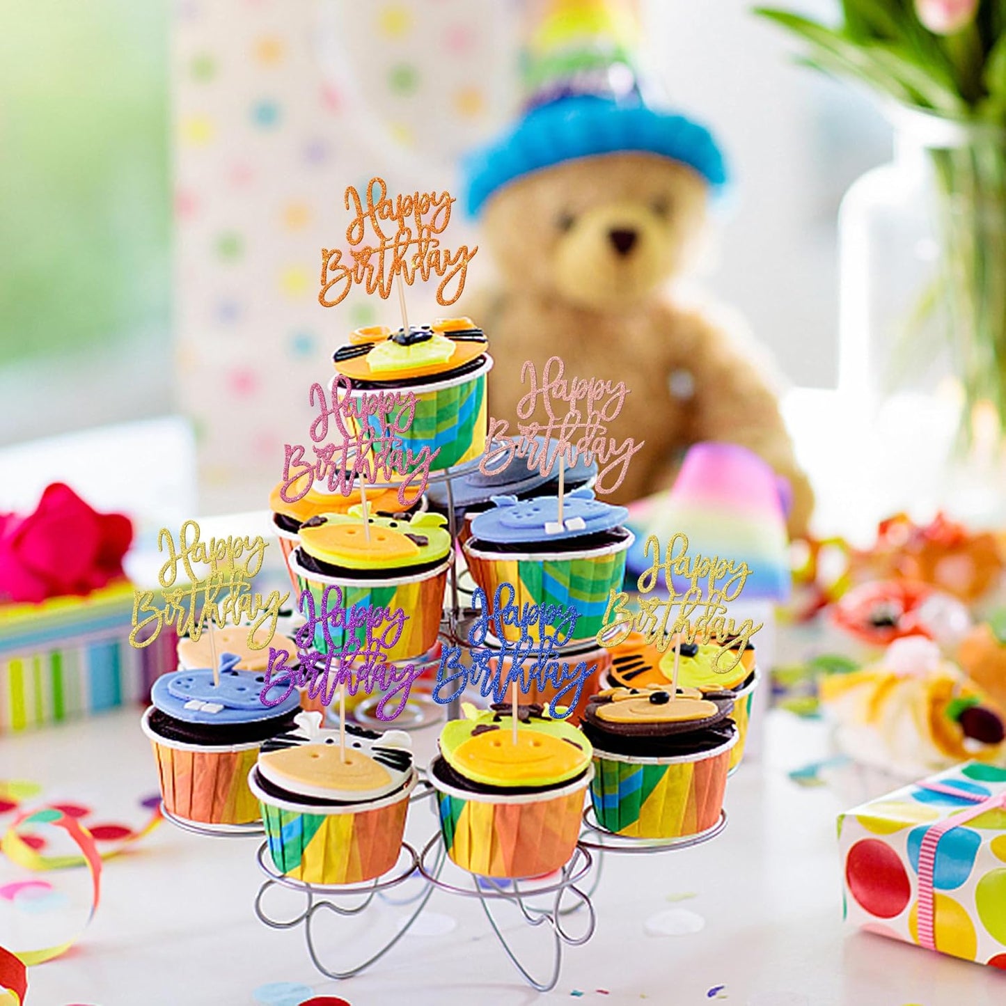 24 PCS Happy Birthday Cupcake Toppers Glitter Picks for Celebrating Anniversary Theme Party Cake Decorations Supplies Gold