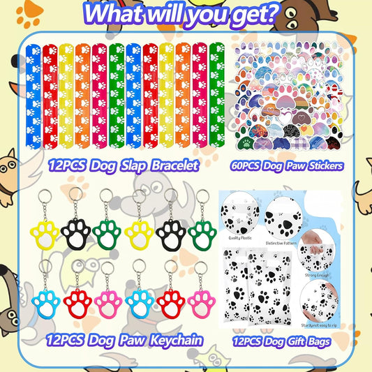 120 Pcs Dog Party Favors Dog Paw Party Favors Set Includes Slap Bracelet Drinking Straws Keychain Gift Bags Stickers Dog Birthday Party Supplies for Puppy Birthday Party Supplies