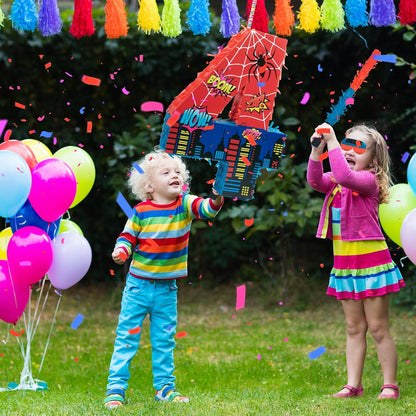 Number 4 Spider Pinata Bundle with 16 Inch Piñata Stick Blindfold Confetti for Hero Birthday Party Decoration Anniversary Celebration Gift Spider Party Favors for Kids, 16 x 11.6 x 2.4 Inch