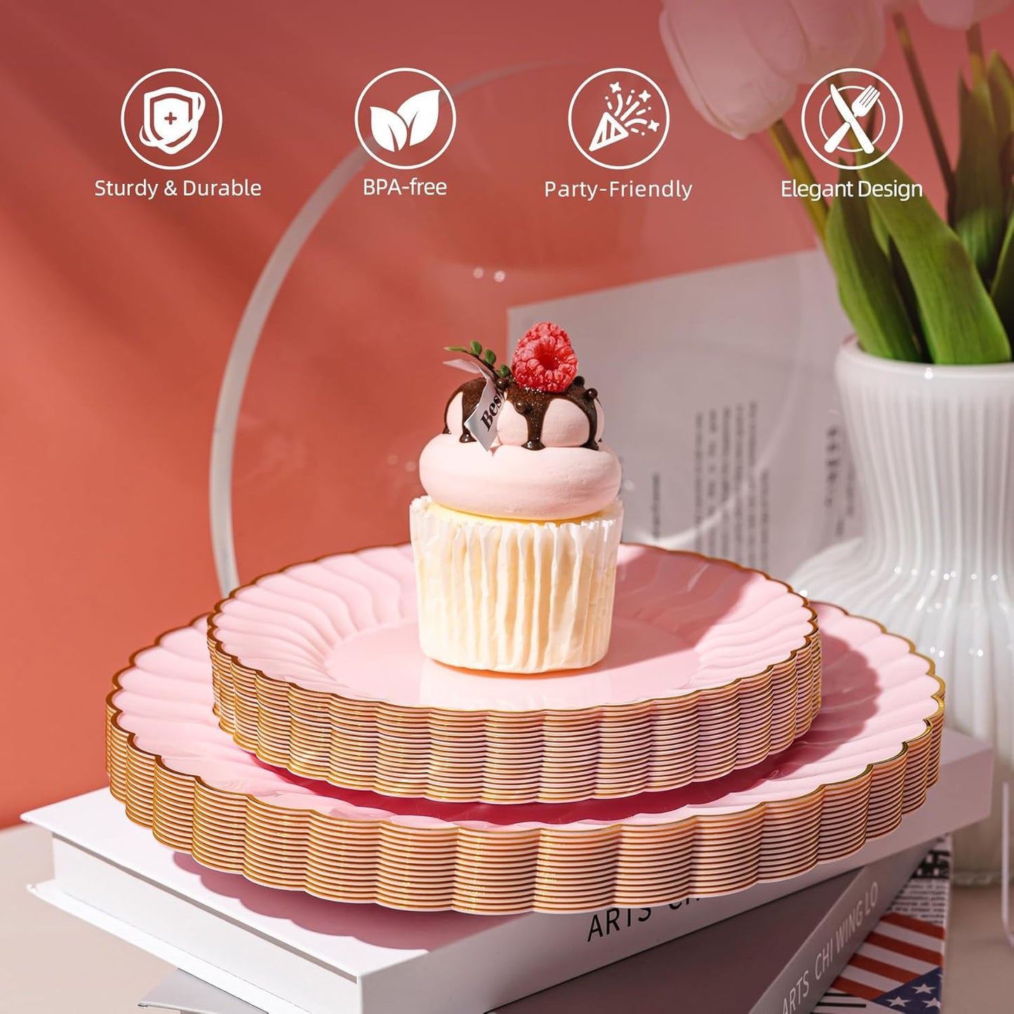 Lullaby 60PCS Ivory Scalloped Plastic Plates with Gold Rim, Disposable Elegant Plates Include 30pcs Dinner Plate 10.25", 30pcs Plastic Dessert Plate 7.5", Perfect for Wedding and Party