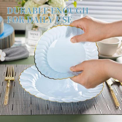 Lullaby 60PCS Ivory Scalloped Plastic Plates with Gold Rim, Disposable Elegant Plates Include 30pcs Dinner Plate 10.25", 30pcs Plastic Dessert Plate 7.5", Perfect for Wedding and Party