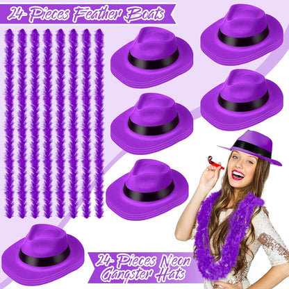 JaGely 48 Pieces Neon Party Supplies 24 Neon Gangster Hats 24 Pcs Feather Boas for Wedding Glow Party Supplies Birthday Props
