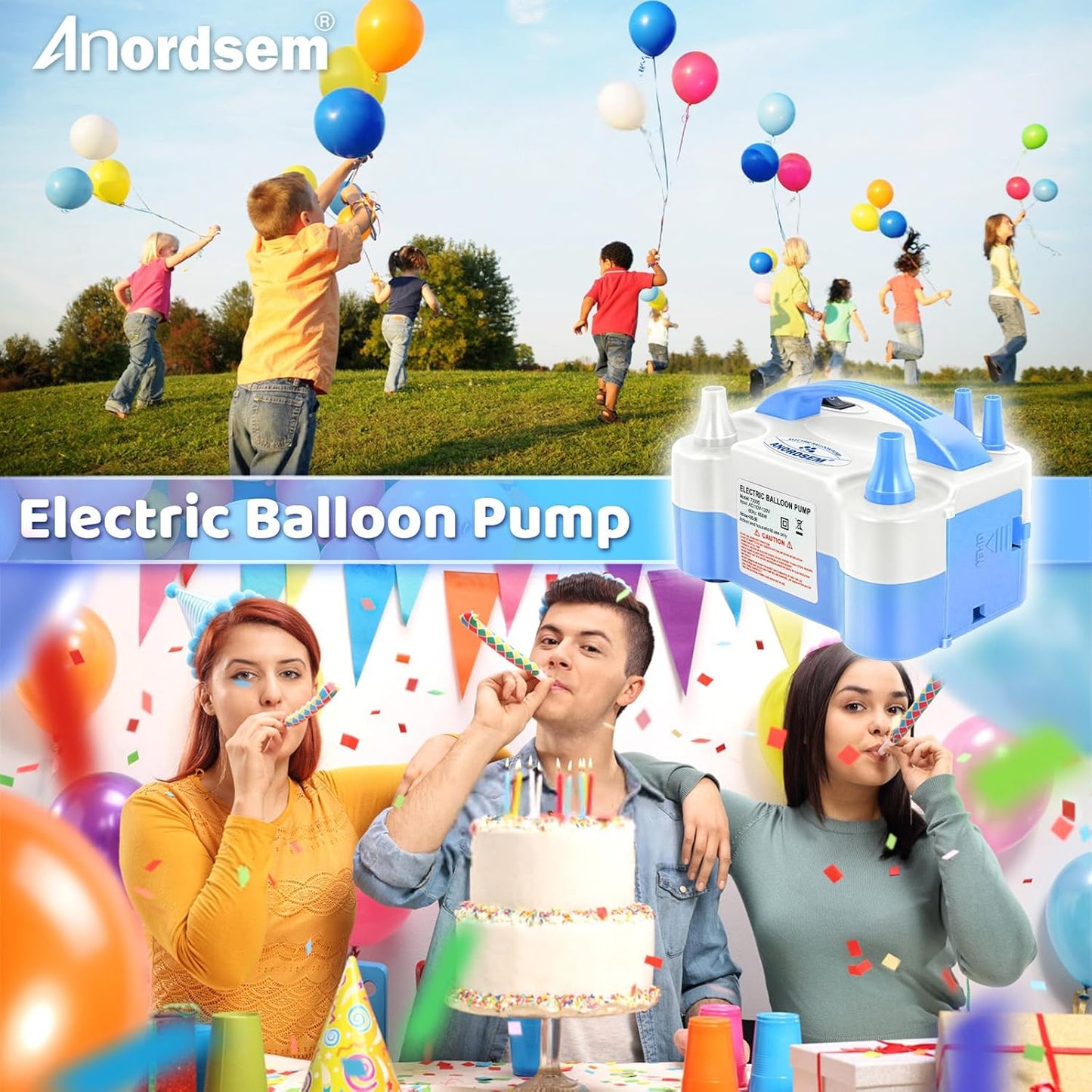 Anordsem Electric Balloon Air Pump: Polypropylene Plastic Case with Dual Nozzle - Quick Inflating for All Balloons at Home - Blower Machine Knotter/Ribbon for Parents Party DIY Decoration