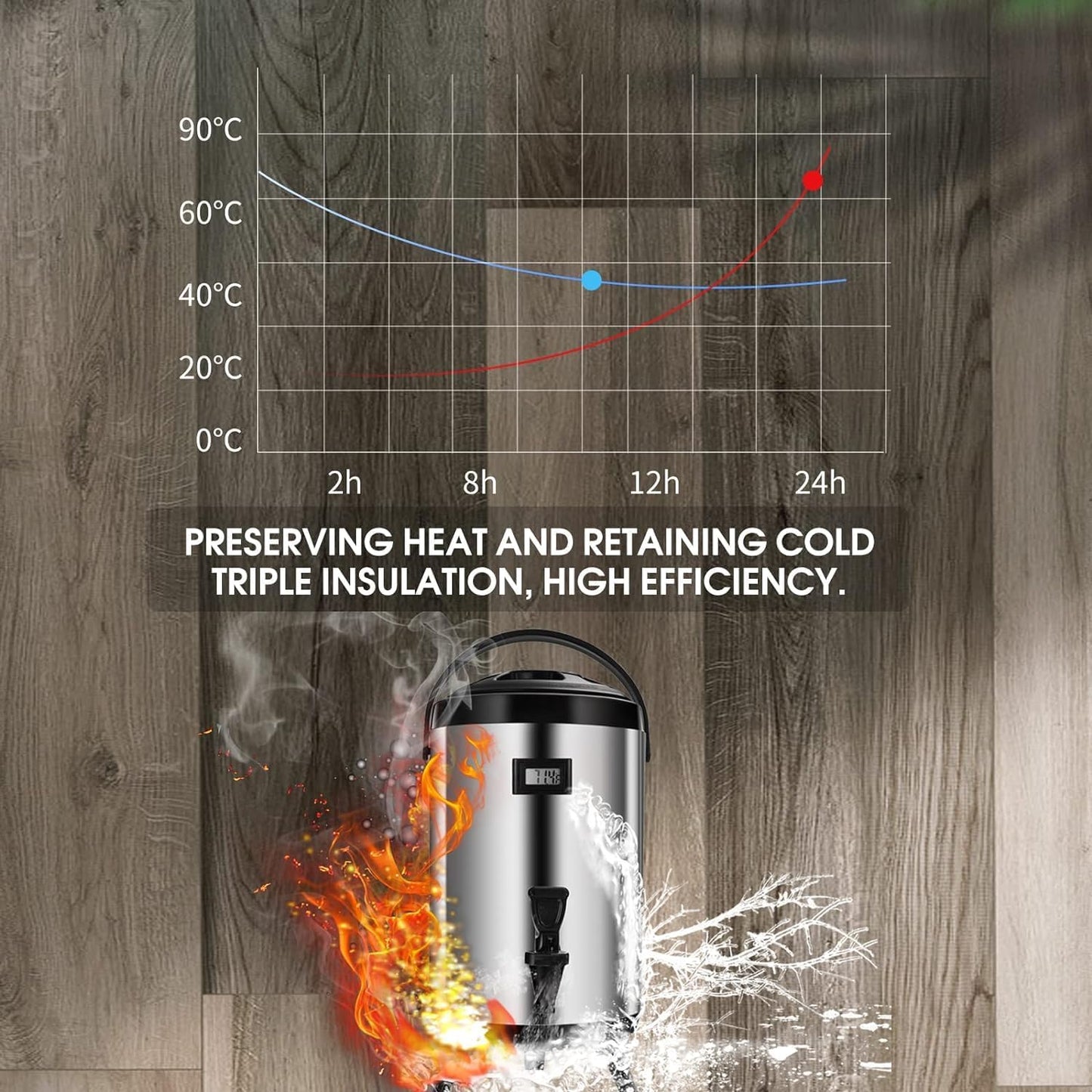 Hot Beverage Dispenser, Stainless Steel Insulated Beverage Dispenser Cold and Hot Drink dispenser with Thermometer– 12 Liters Water Dispenser with Spigot