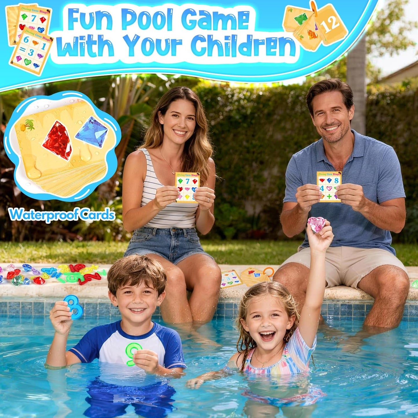 Meaicezli Pool Toys Diving Gems, 54 Pcs Search and Find Pool Games, Diving Toys with Dive Gems, Acrylic Numbers, Scavenger Hunt Game Cards & Mesh Bag, Fun Summer Water Party Favors for Kids 4-12