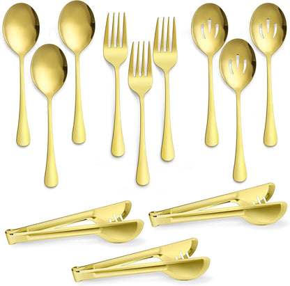 Large Black Serving Utensils Set of 12, E-far Stainless Steel 9.8 Inch Serving Spoons Slotted Spoon, 9.9 Inch Forks, 9.4 Inch Tong for Buffet Catering, Mirror Finish & Dishwasher Safe