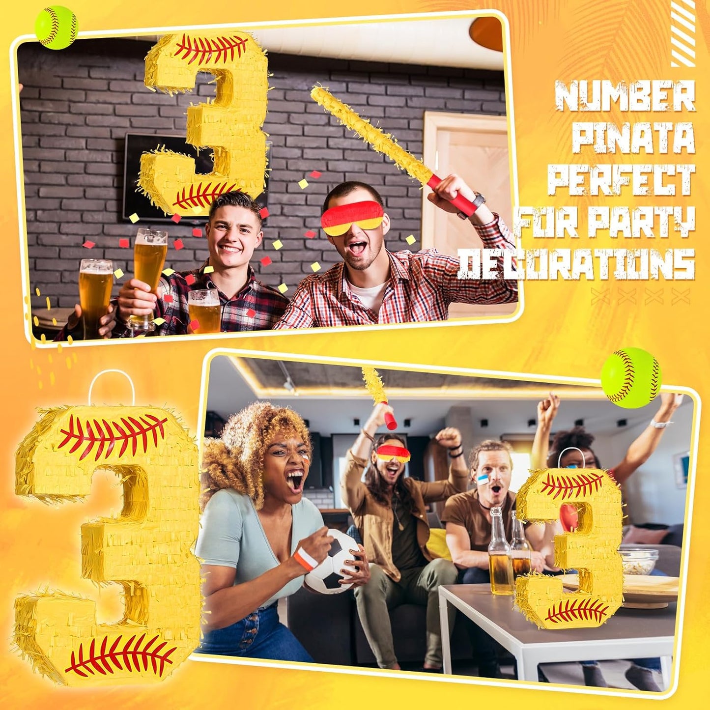 Soulchen Softball Number Piñata Set 16 Inch Yellow Softball Piñata with Blindfold Bat Confetti for Ball Sports Themed Birthday School Party Supplies Outdoor Game Decoration(Number 5)