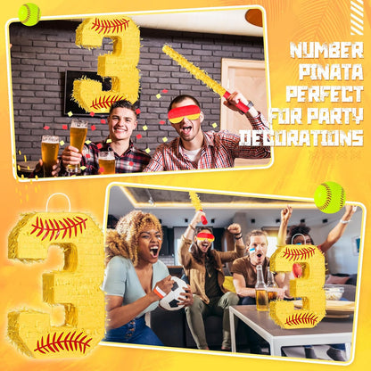 Soulchen Softball Number Piñata Set 16 Inch Yellow Softball Piñata with Blindfold Bat Confetti for Ball Sports Themed Birthday School Party Supplies Outdoor Game Decoration(Number 5)