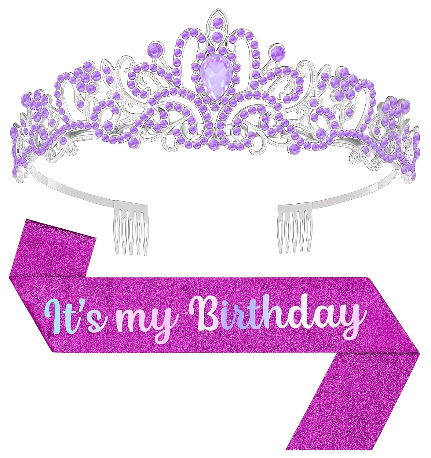 Birthday Tiara and Crown with Sash, Birthday Tiara for Women Party Silver