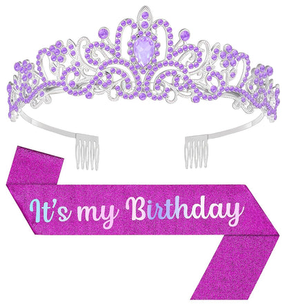 Birthday Tiara and Crown with Sash, Birthday Tiara for Women Party Silver